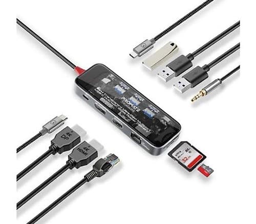 Promate Transhub-Pro Hub 11 En 1 Usb-C A Usb-C/A/Hdmi/Sd/Aux/Rj45 100w Pd