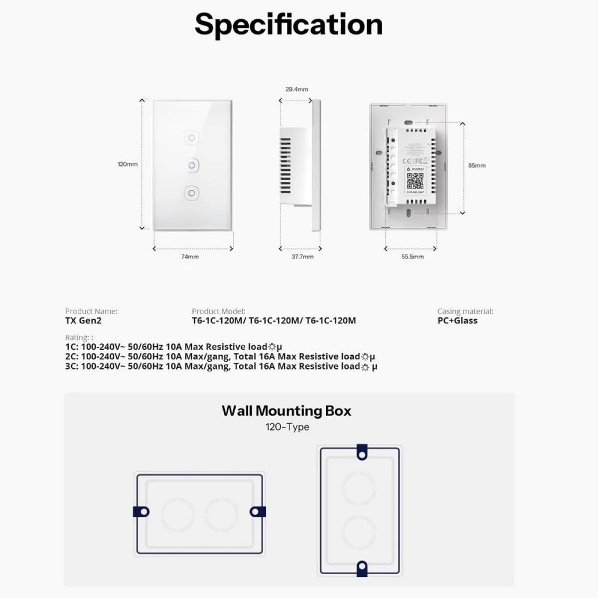Interruptor Sonoff T6-2c-120m Matter 2 Gang